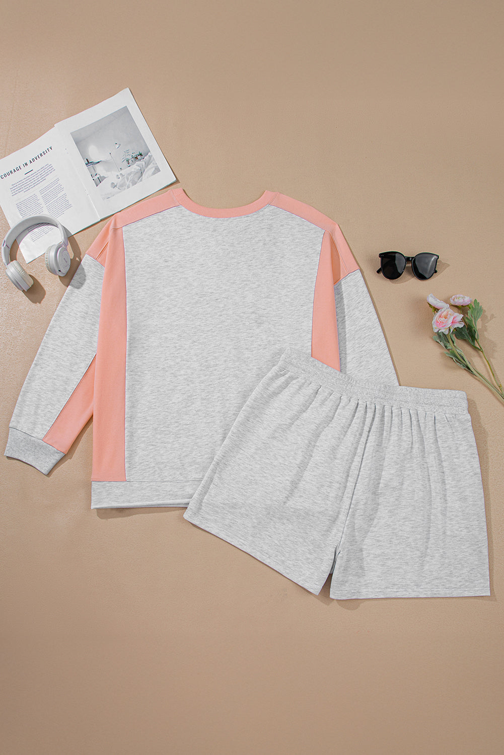 Light Grey Uneven Hem Colorblock Patchwork Pullover Shorts Plus Size 2pcs Outfit by Wild and Free Boutique