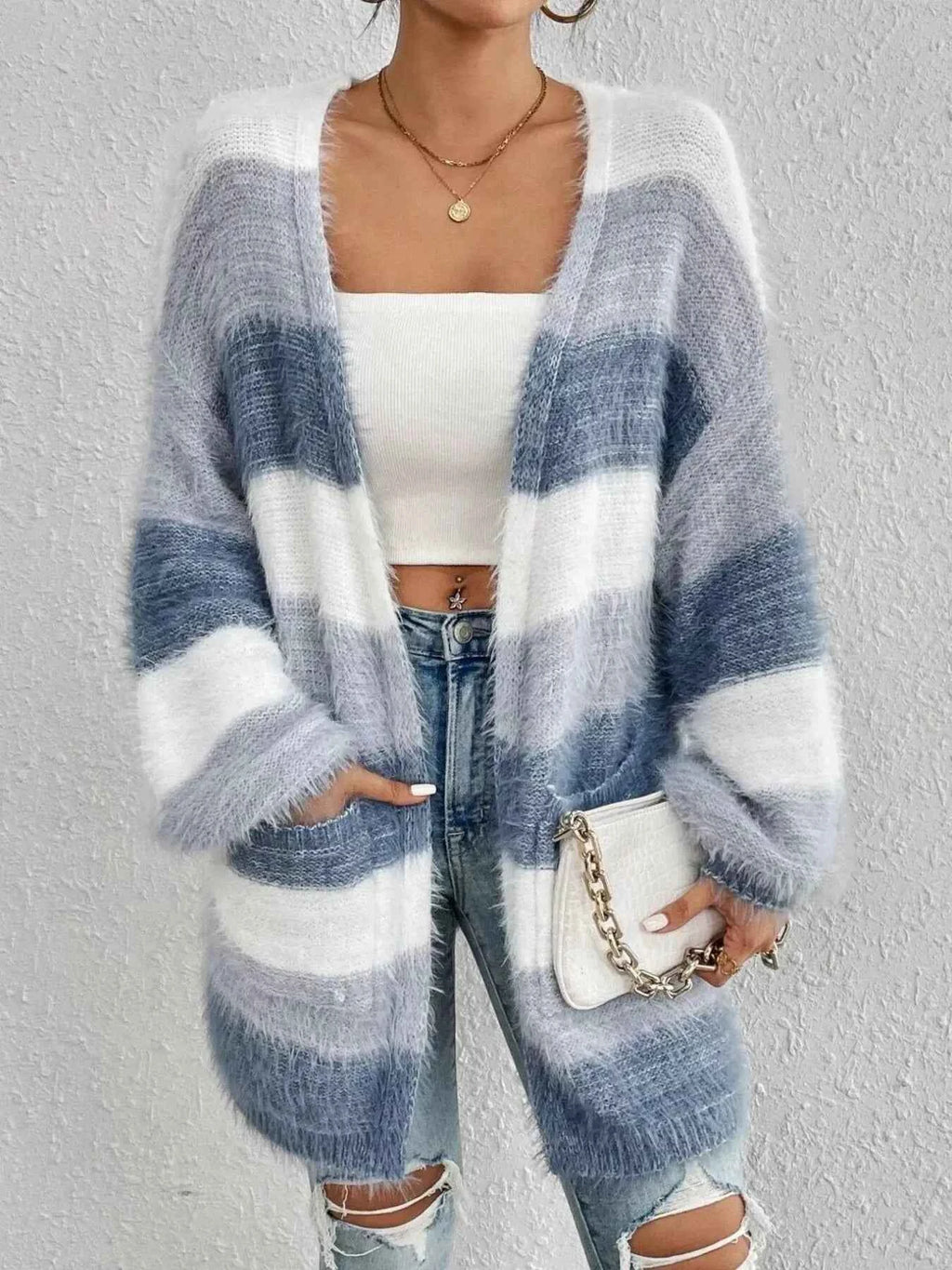 Striped Fuzzy Knit Open Front Cardigan