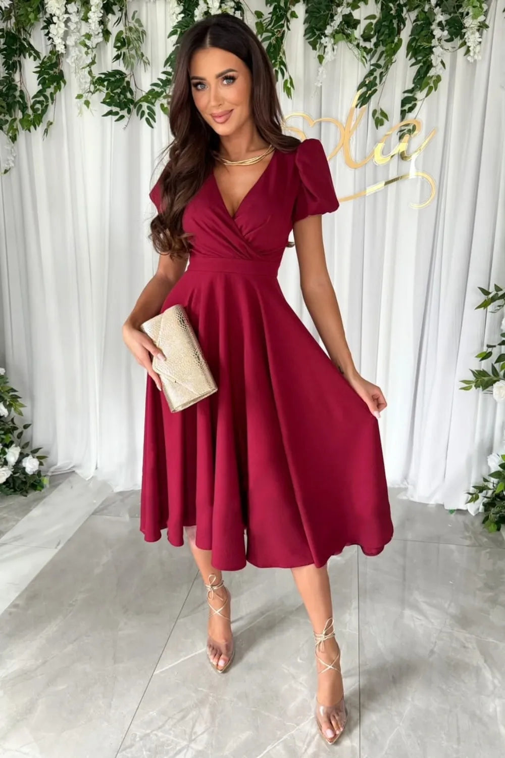 Surplice Puff Sleeve Midi Dress by Shopiebay