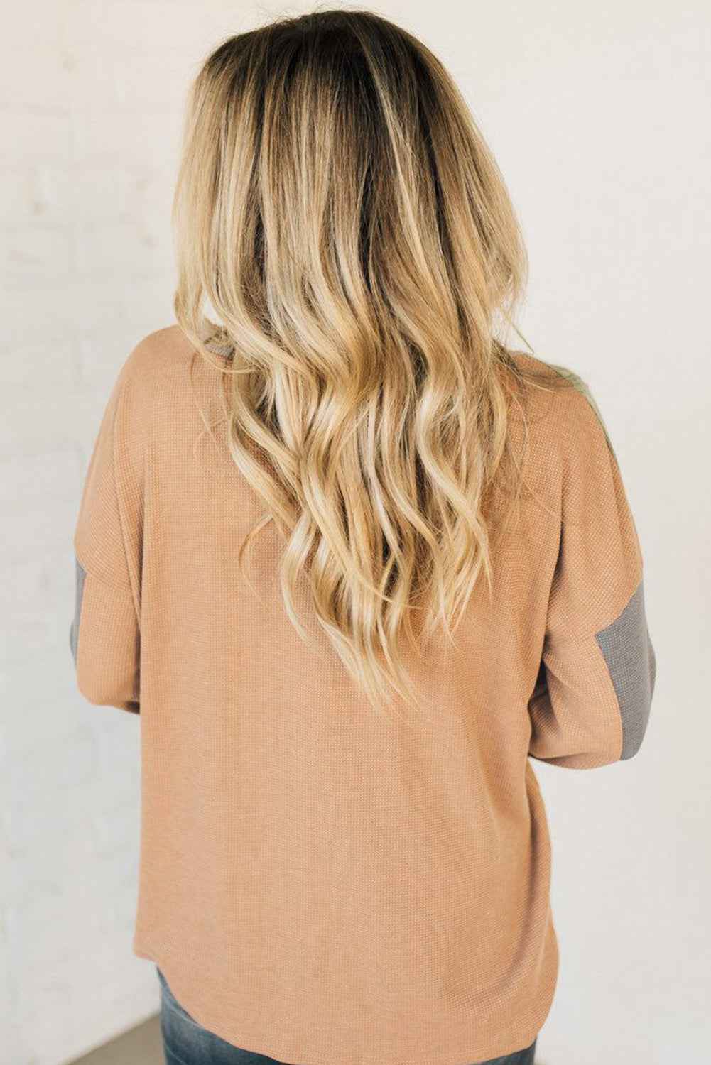 Buckskin Color Block Thermal Textured Knit Drop Shoulder Henley Top