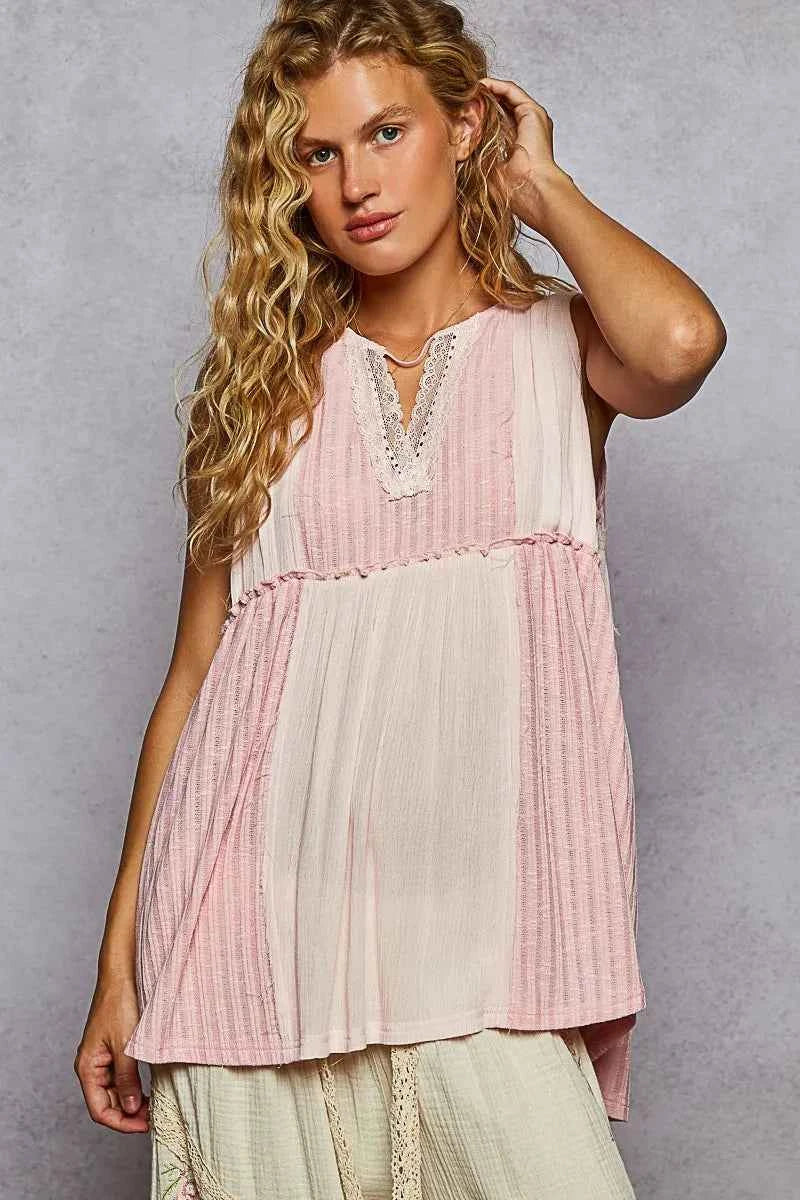 POL Lace Trim Two-Tone Tank with Pintuck Detail