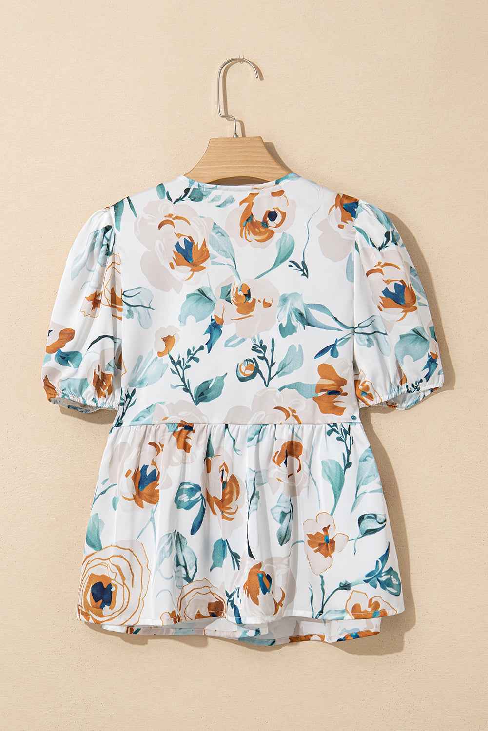 Green Floral Print Puff Sleeve V Neck Babydoll Blouse