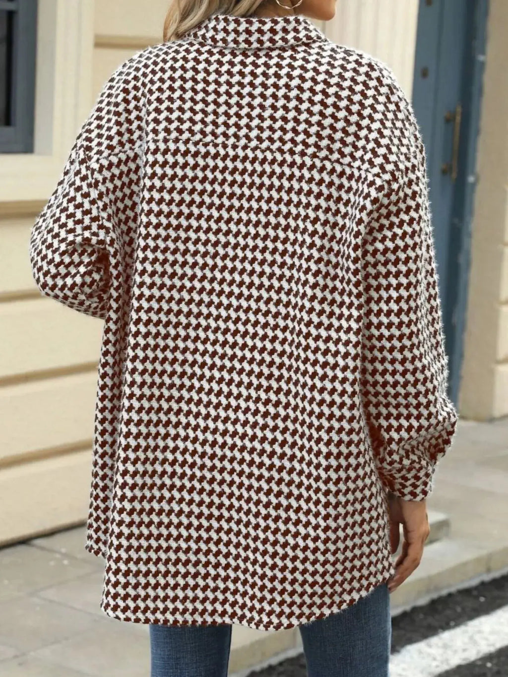 Houndstooth Button Up Long Sleeve Coat