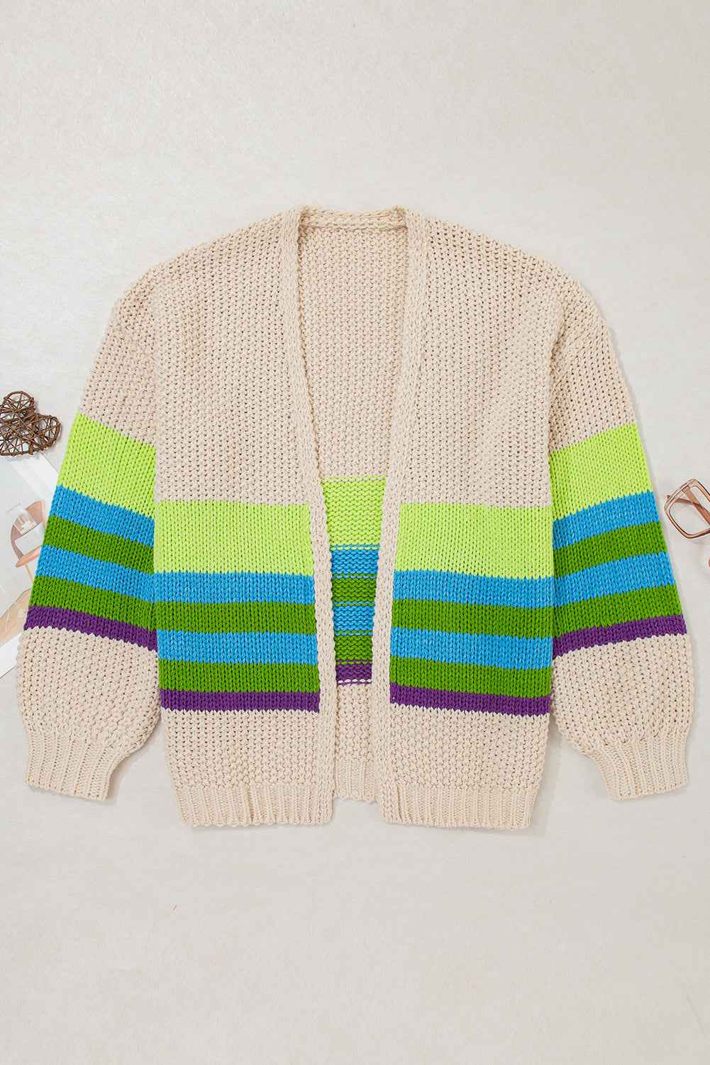 Parchment Color Block Crochet Open Front Plus Size Cardigan