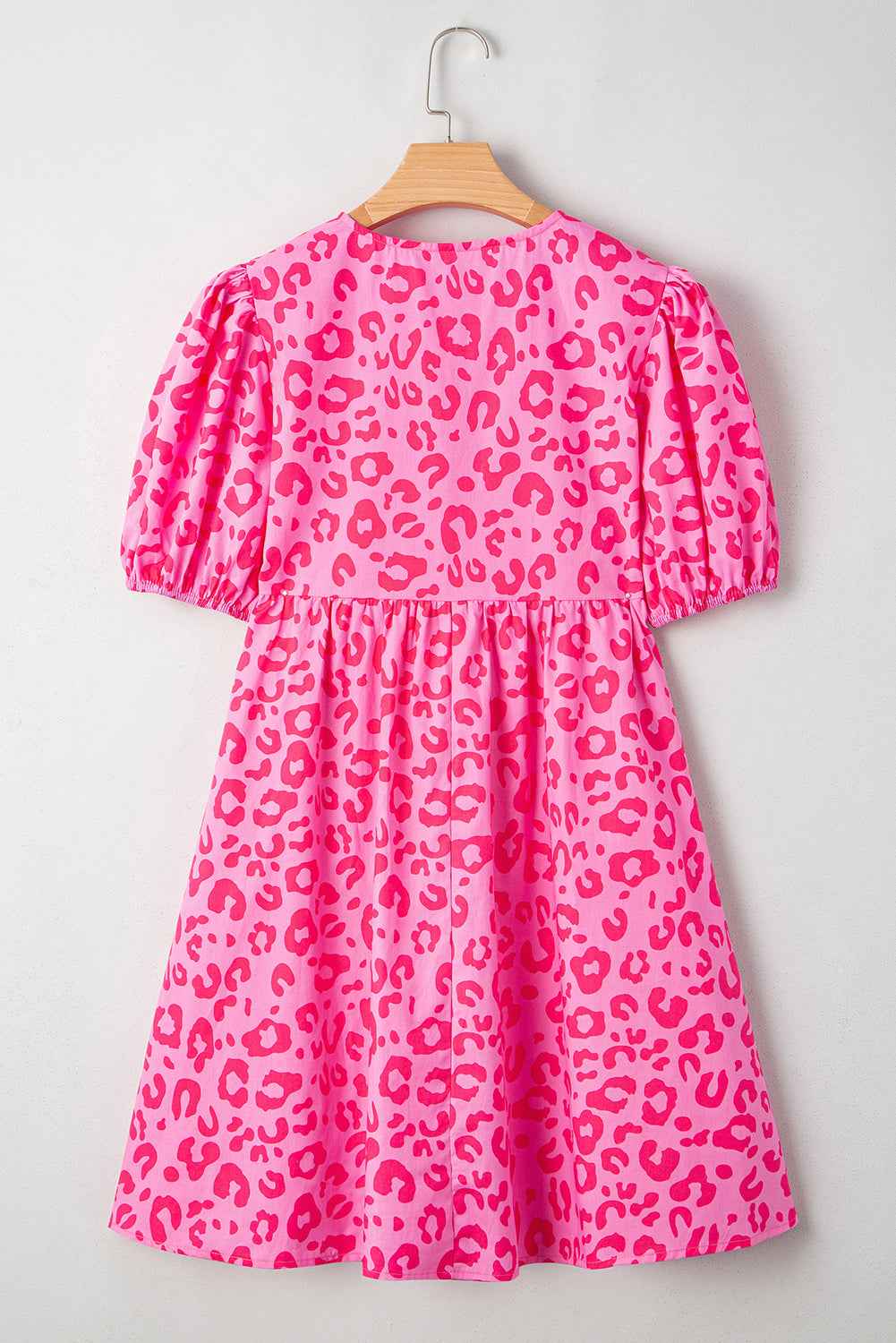 Rose Leopard Puff Sleeve Tie Front High Waist Mini Dress