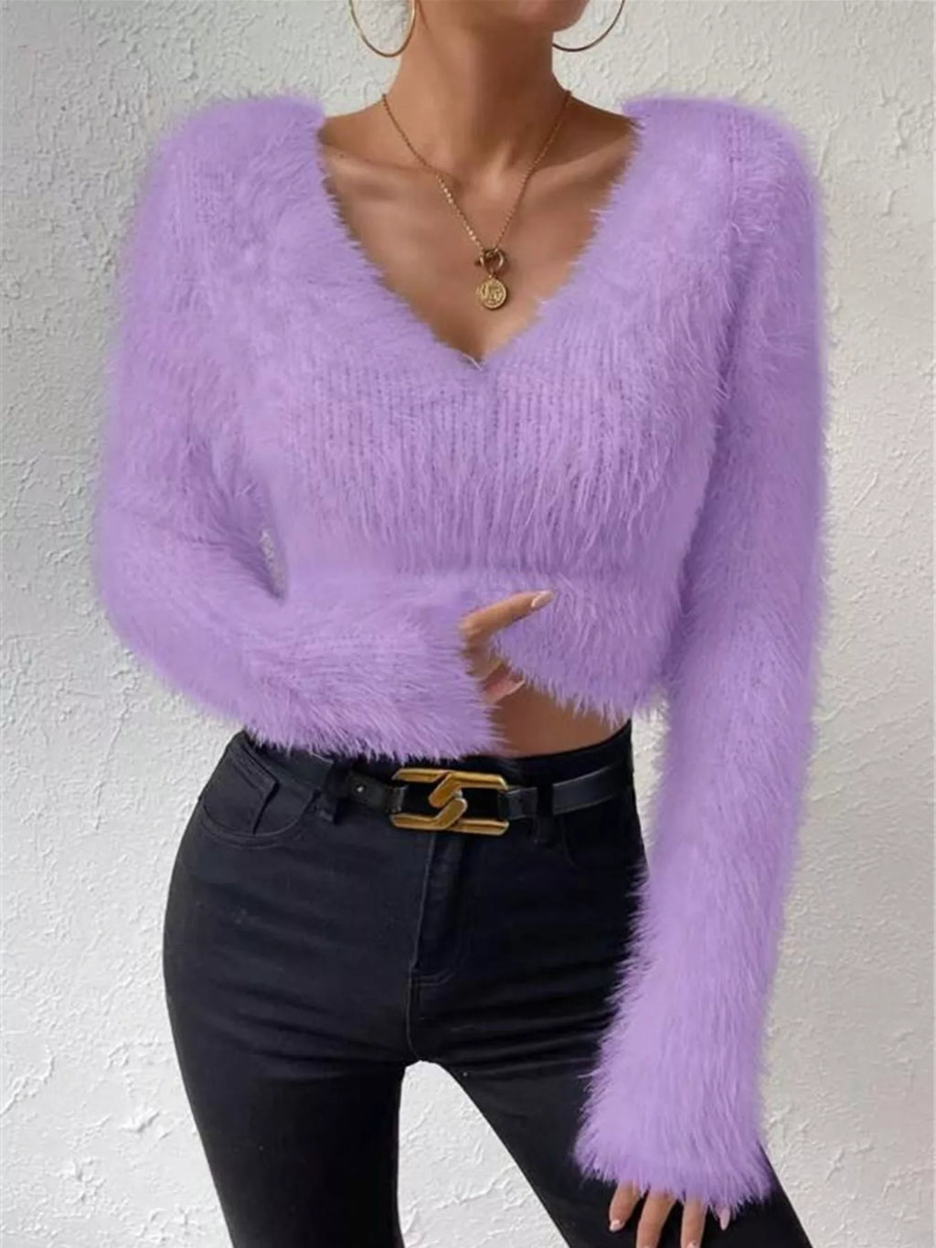 Fluffy Knit V Neck Sweater
