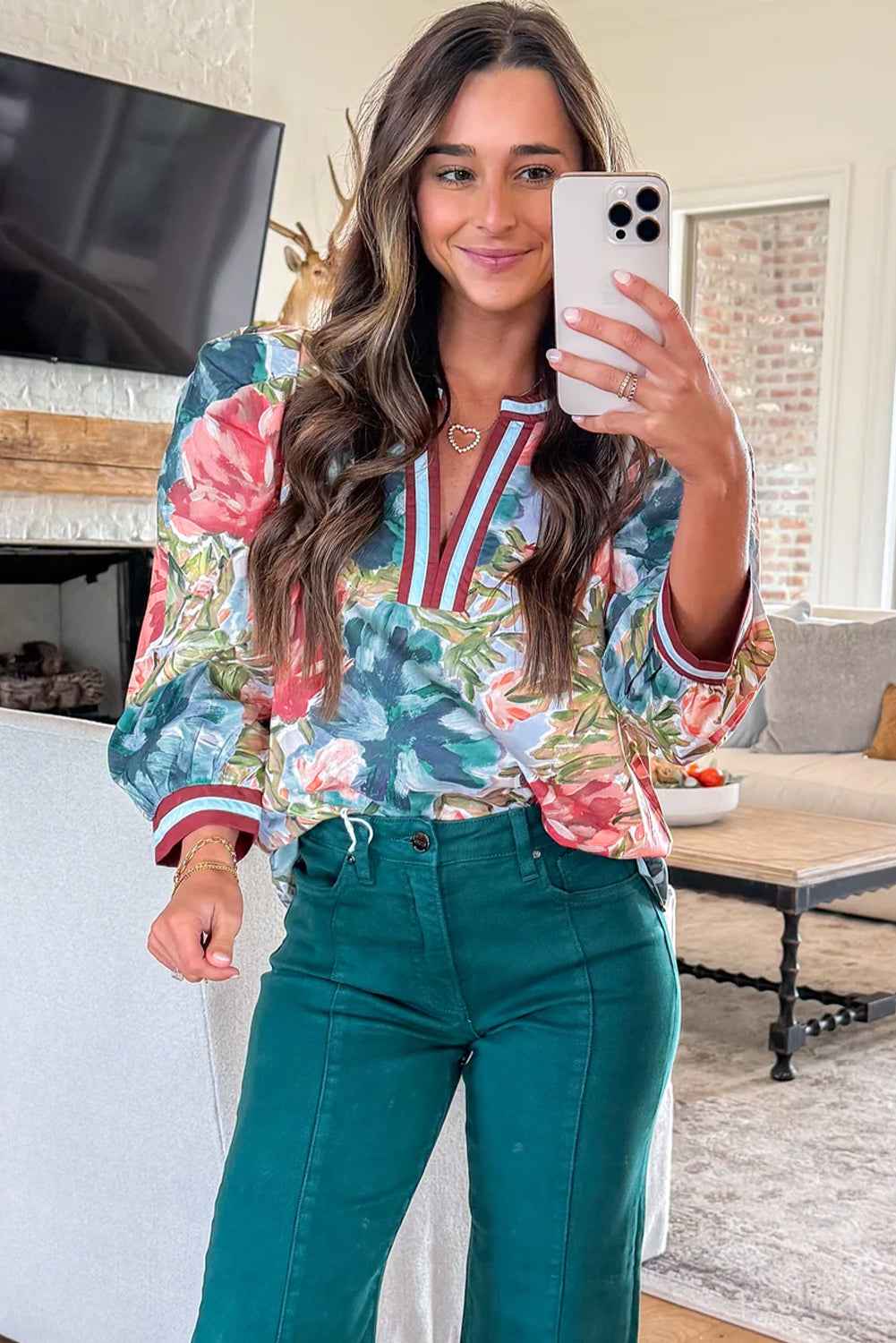 Sky Blue Contrast Trim V Neck Cuffed Bracelet Sleeve Floral Blouse