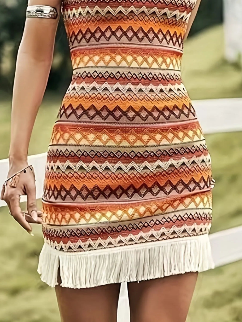 Full Size Fringe Grecian Neck Mini Dress Plus Size by Selvanelle