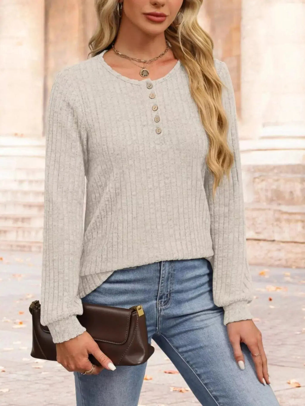 Ribbed Knit Button Front Long Sleeve T Shirt
