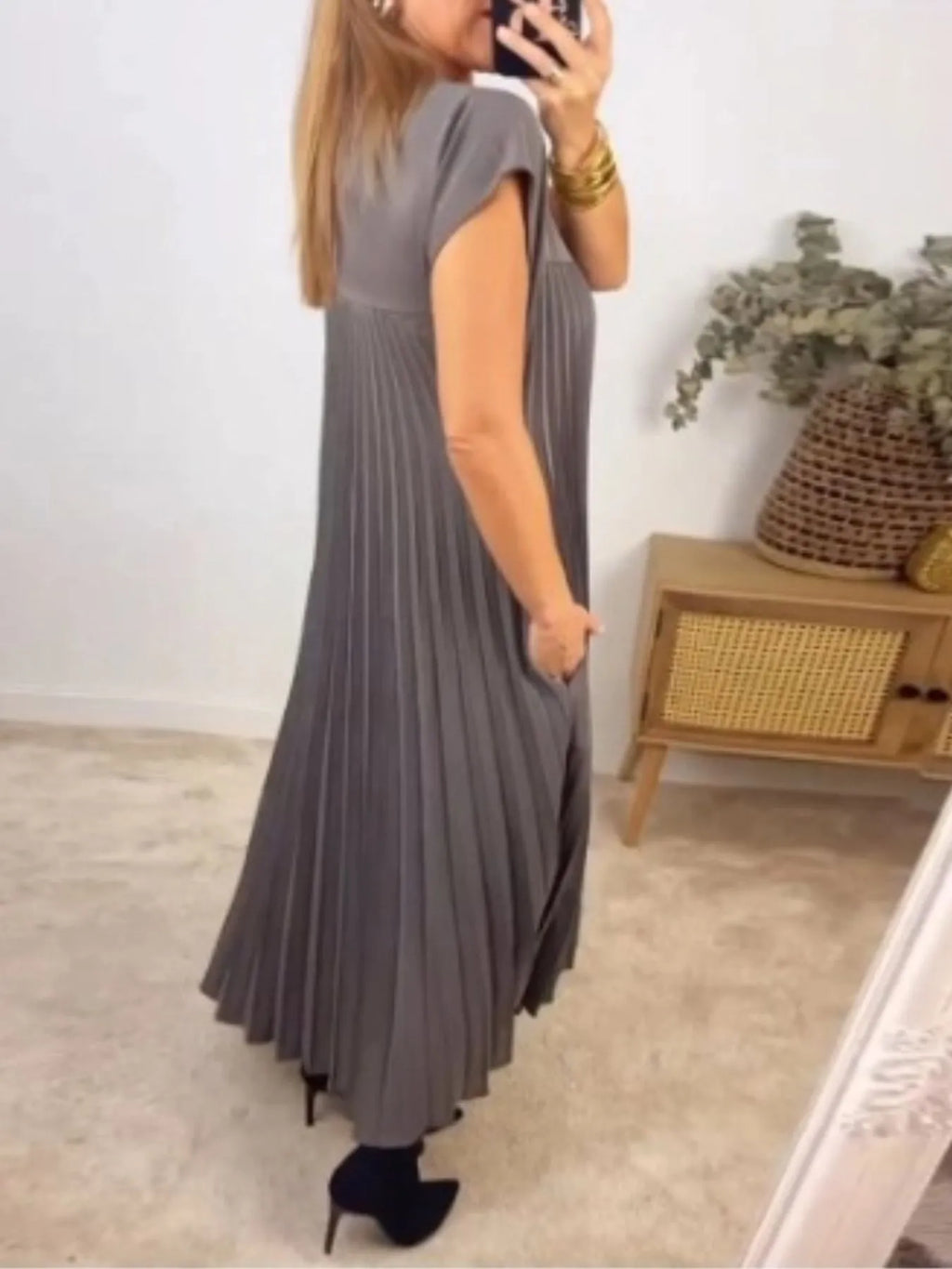 Pleated Round Neck Maxi Dress by Shopiebay
