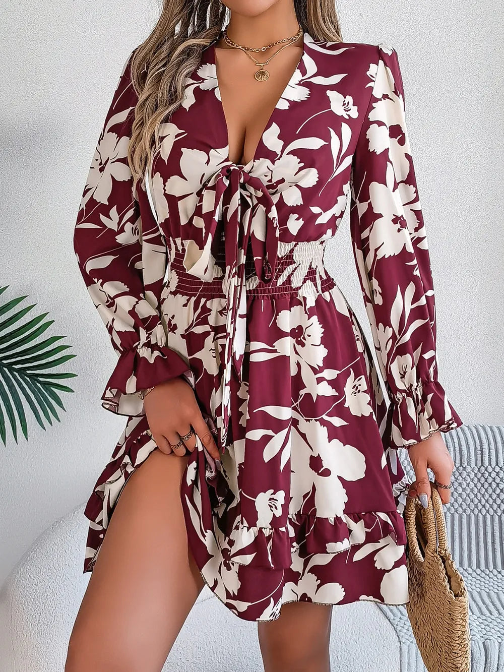 Tied Ruffled Printed Long Sleeve Dress by Shopiebay