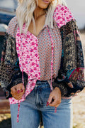 Pink Boho Mixed Floral Drop Shoulder Bubble Sleeve Blouse