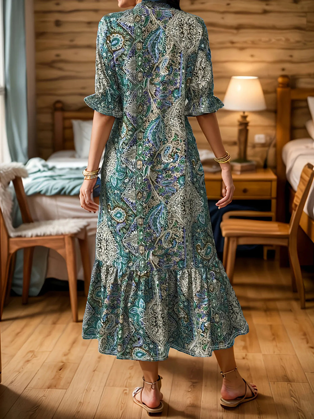 Bohemian Paisley Print Ruffle Hem Midi Dress by Shopiebay
