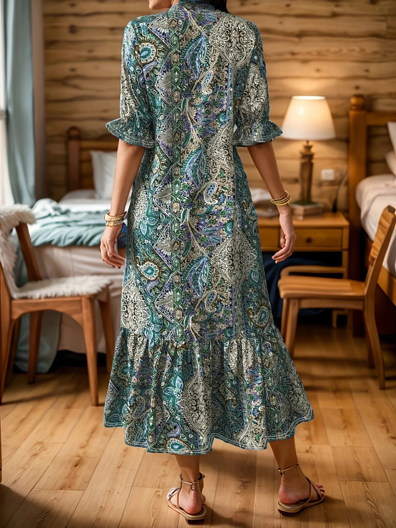 Bohemian Paisley Print Ruffle Hem Midi Dress by Shopiebay
