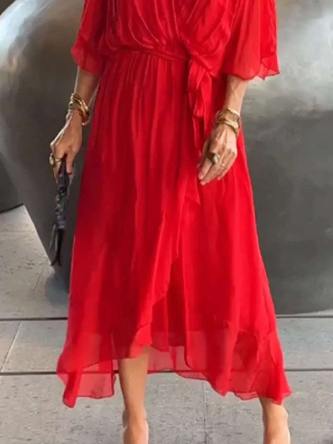 Flowy Tie Front Midi Dress with Flutter Sleeves by Shopiebay