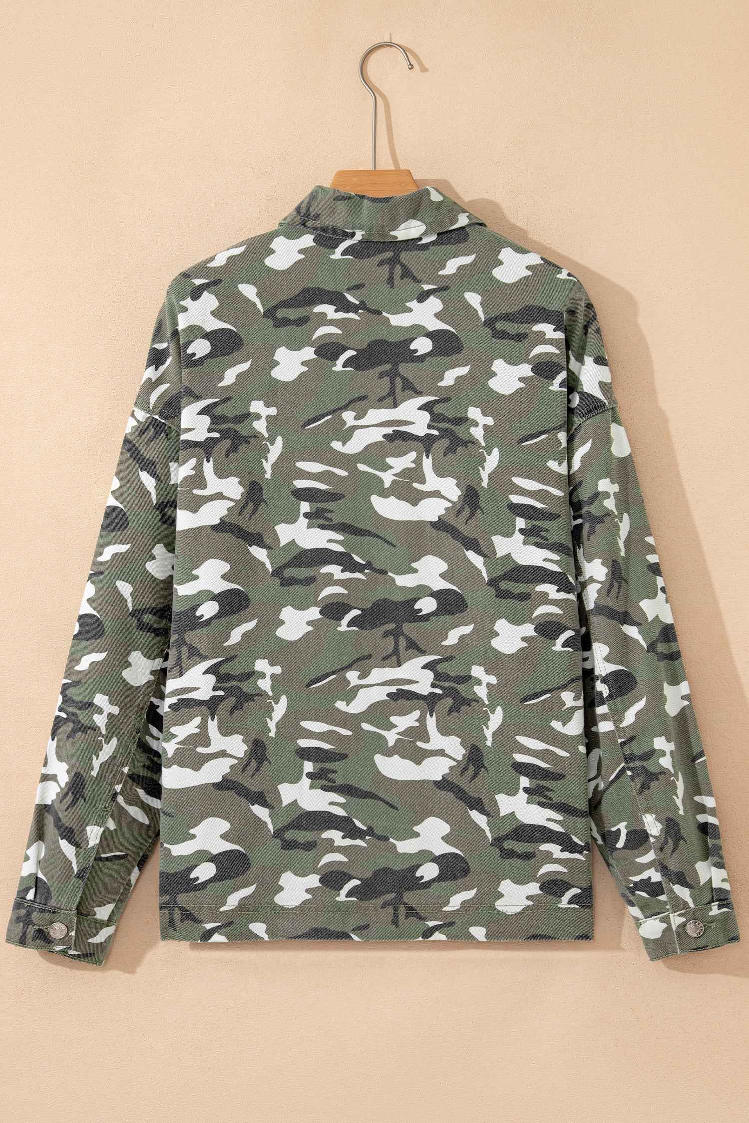 Green Camo Chest Pockets Loose Jean Jacket
