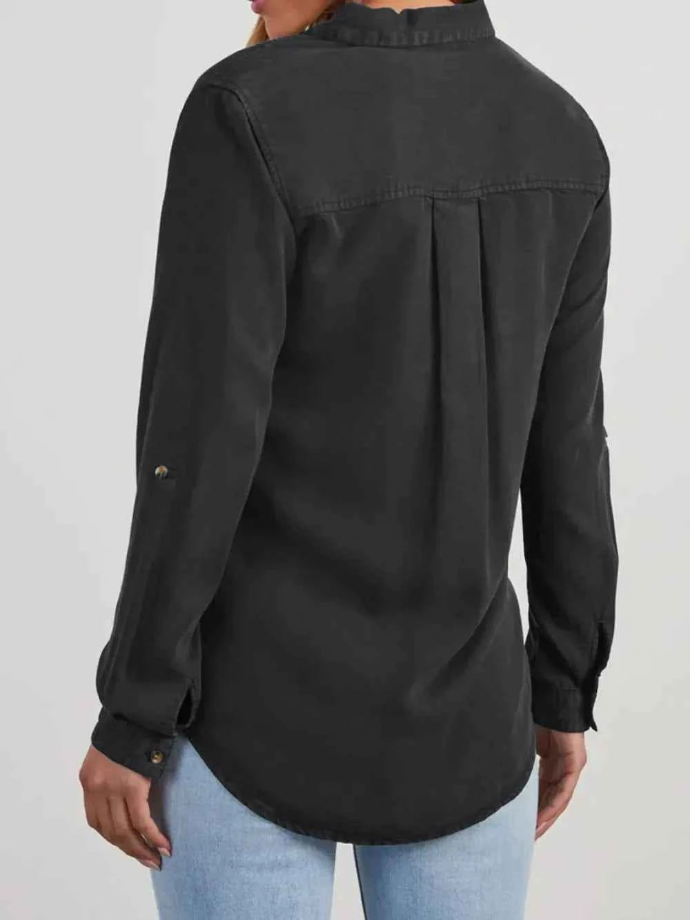 Collared Neck Roll-Tab Sleeve Womens Denim Shirt