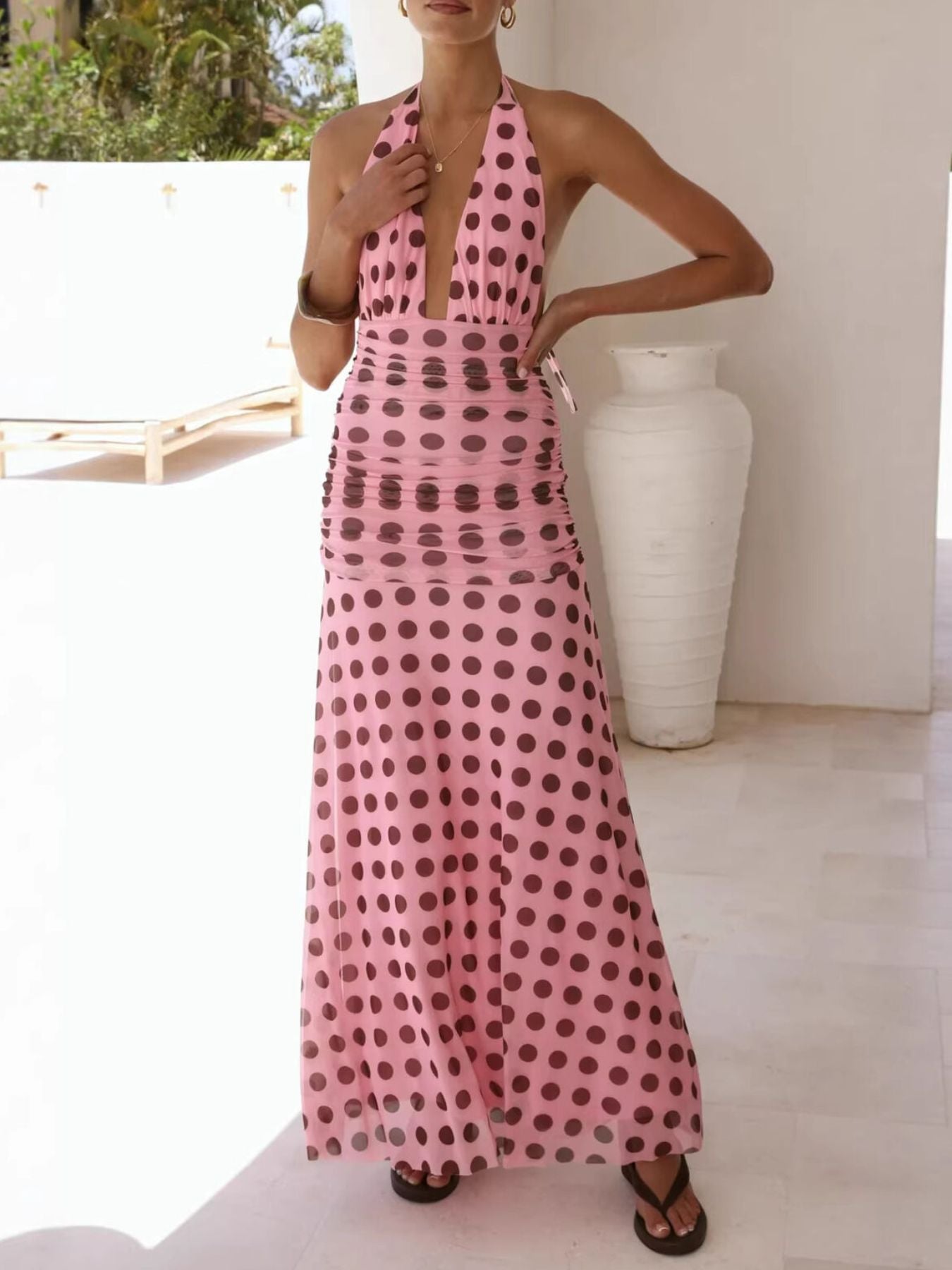 Polka Dot Halter Ruched Maxi Dress by Shopiebay