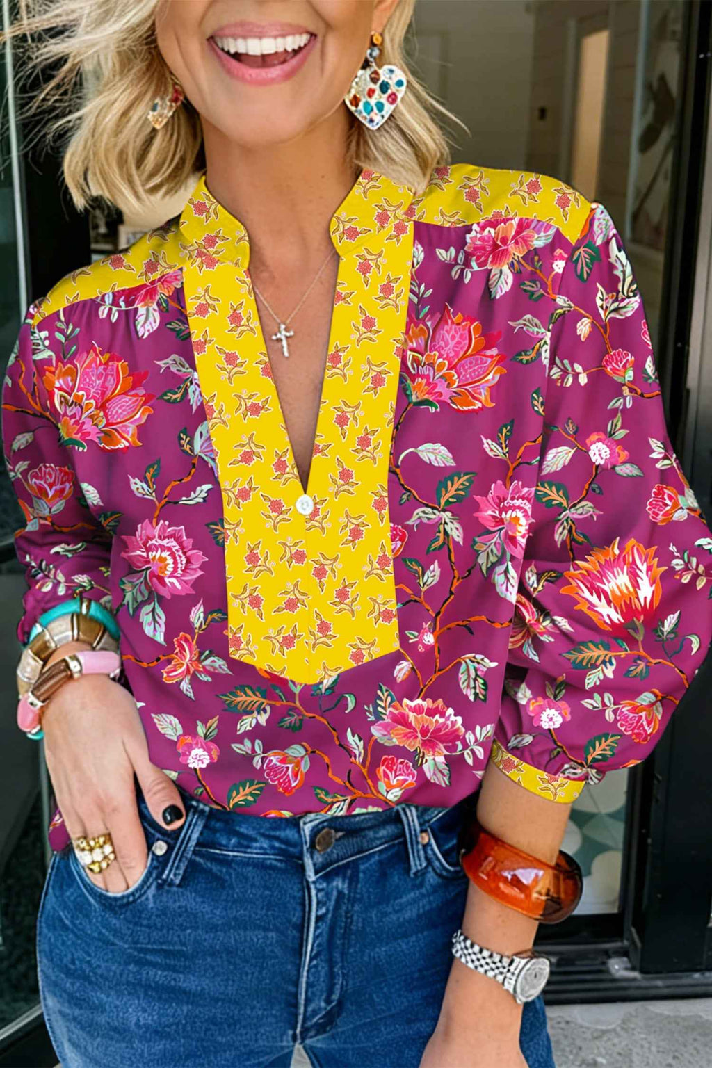 Rose Contrast Placket Split V Neck Floral Blouse