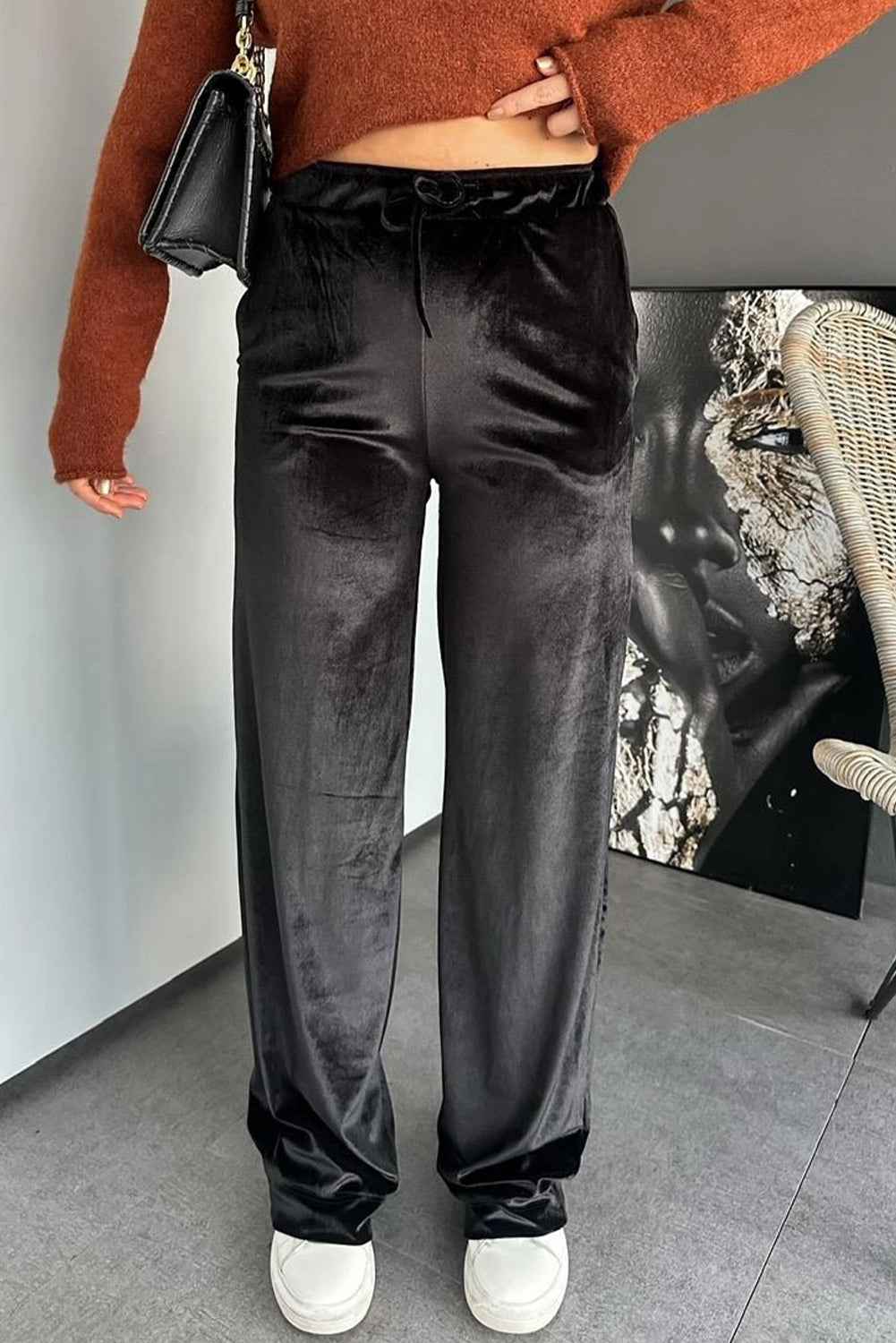 Black Shiny Velvet Drawstring High Waist Straight Leg Casual Pants