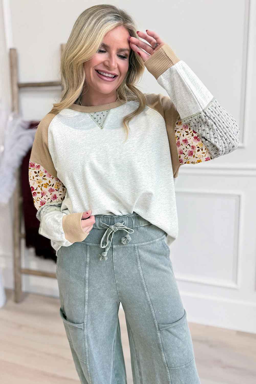 Light Grey Mixed Print Raglan Sleeve Patchwork Exposed Seam Pullover Top