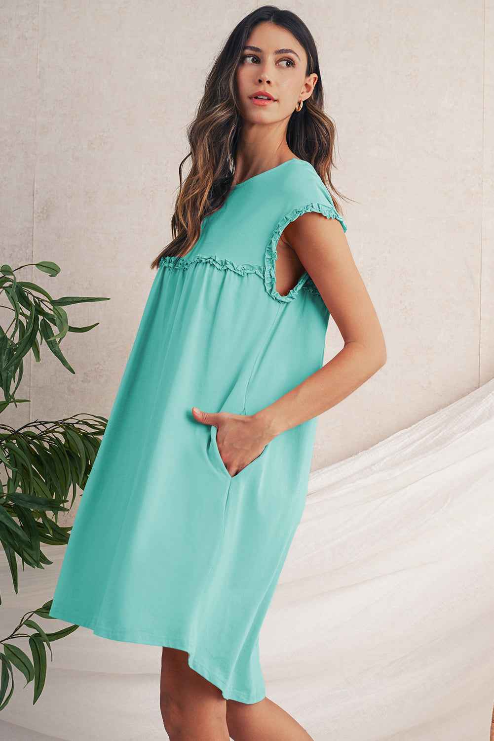 Mint Green Frilled Trim Crewneck Loose Fit Mini Dress