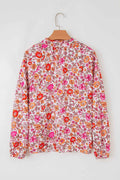 Pink Floral Print Tie Split Neck Bracelet Sleeve Blouse