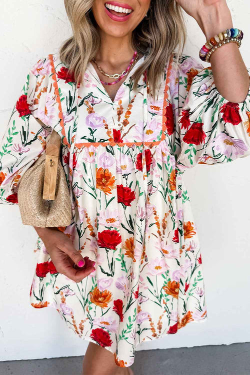 Beige Floral Print 3/4 Puff Sleeve Ricrac Trim Mini Dress by Wild and Free Boutique
