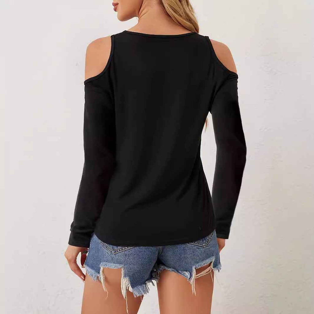 Fashion Hollowed-out Solid Color T-shirt Top Women