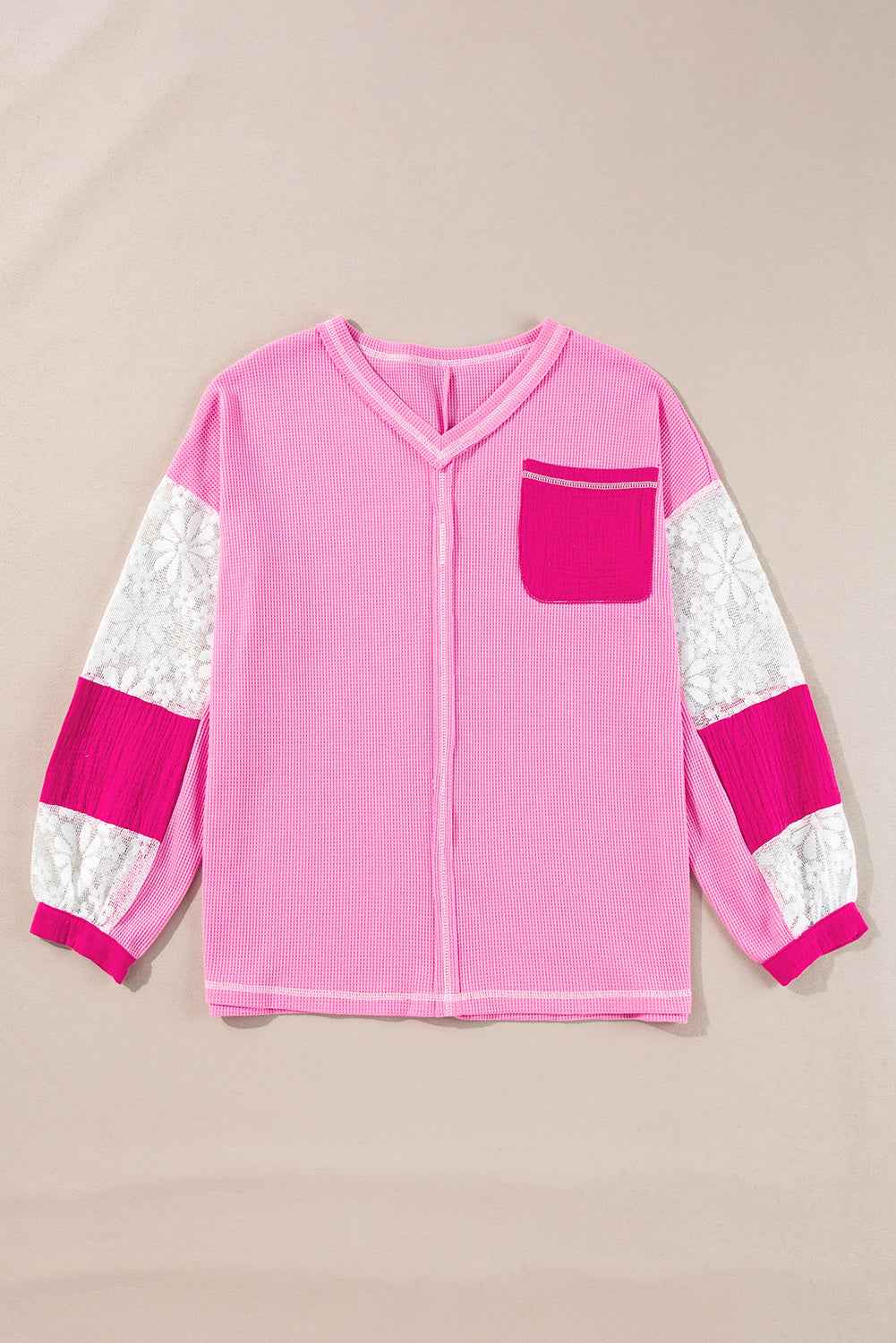 Bonbon Lace Floral Patchwork Sleeve Stitching V Neck Rib Knit Blouse