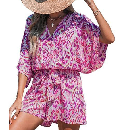 Women's V-neck Printed Lace-up Bat Jumpsuit