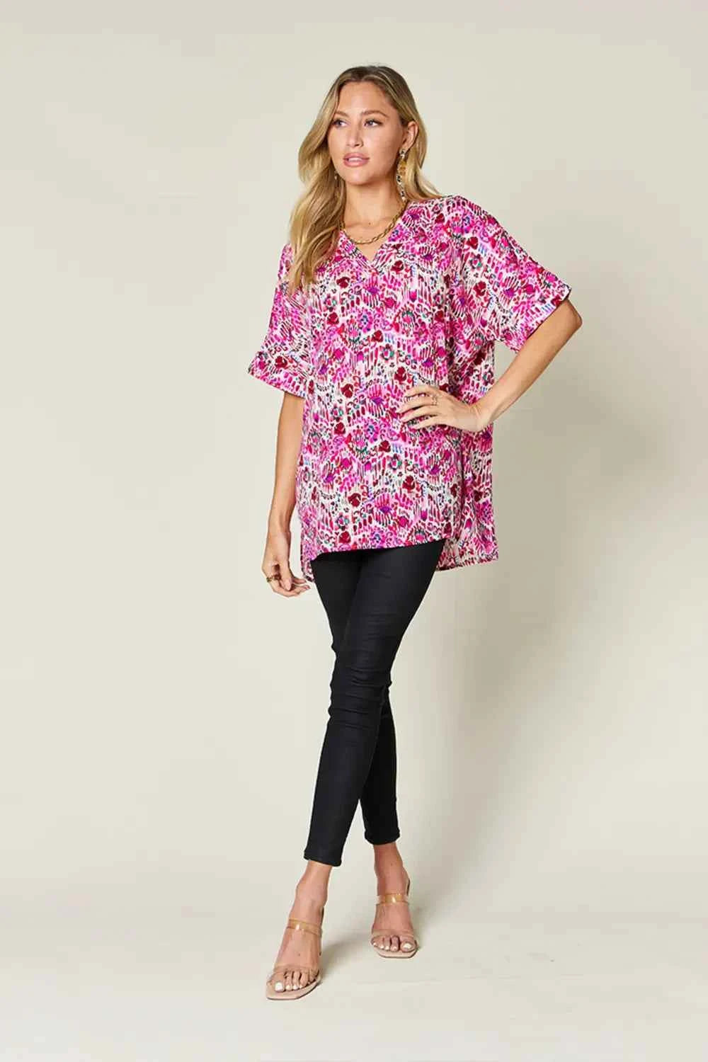 Double Take Full Size Printed V-Neck Short Sleeve Blouse