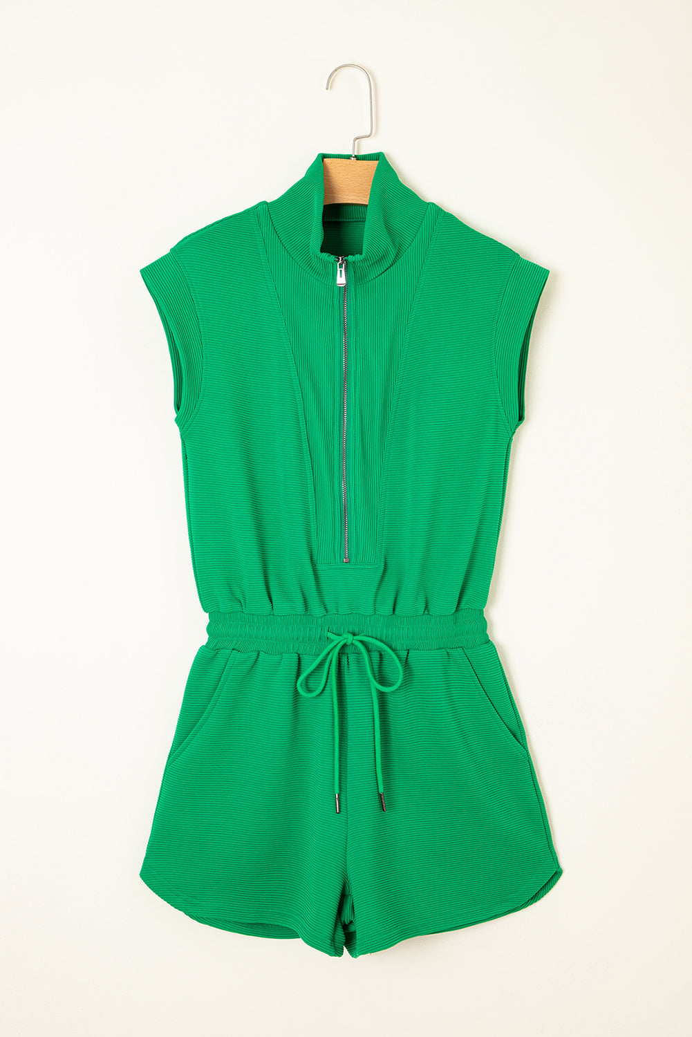 Bright Green Textured Short Sleeve Half Zip Drawstring Waist Romper by Wild and Free Boutique