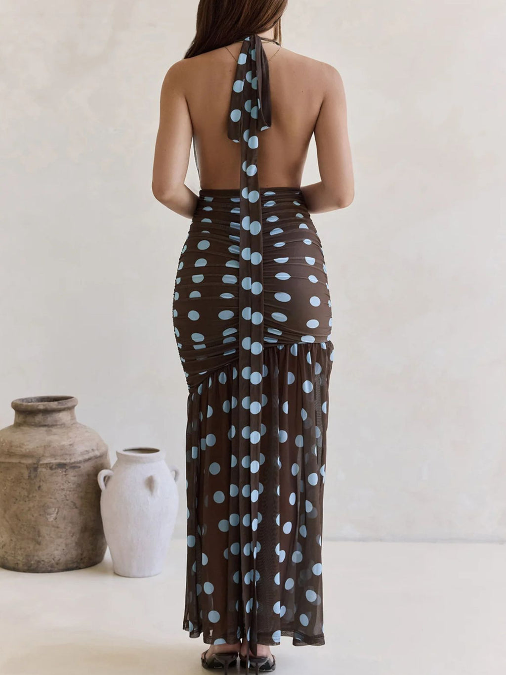 Polka Dot Halter Ruched Maxi Dress by Shopiebay