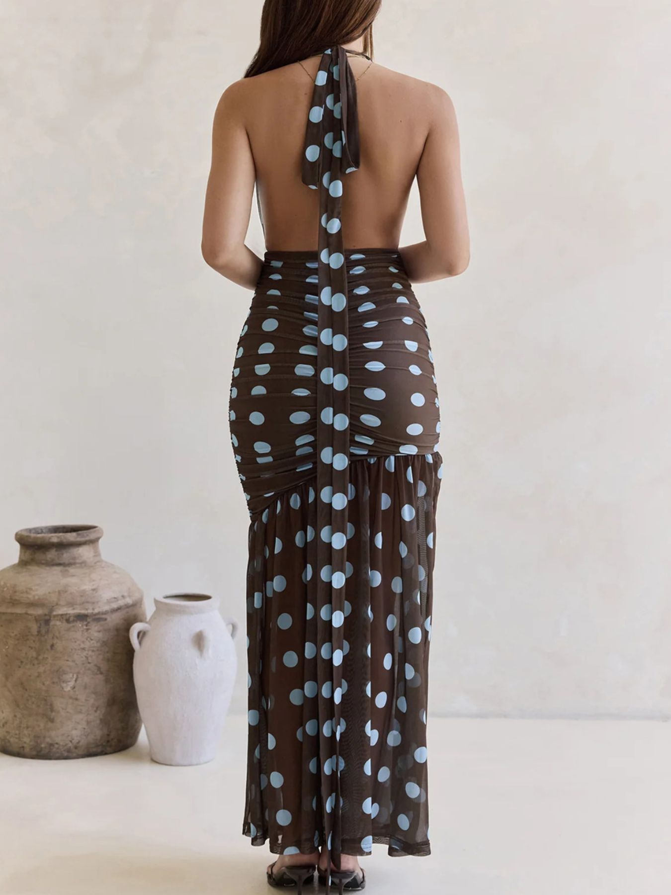 Polka Dot Halter Ruched Maxi Dress by Shopiebay