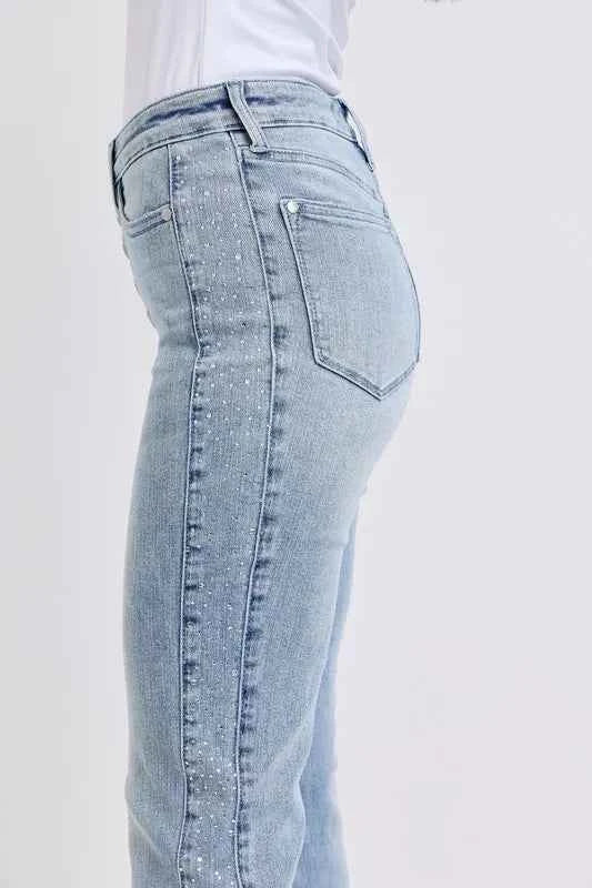 Judy Blue Full Size Mid Rise Rhinestone Side Panel Detail Flare Jeans Plus Size