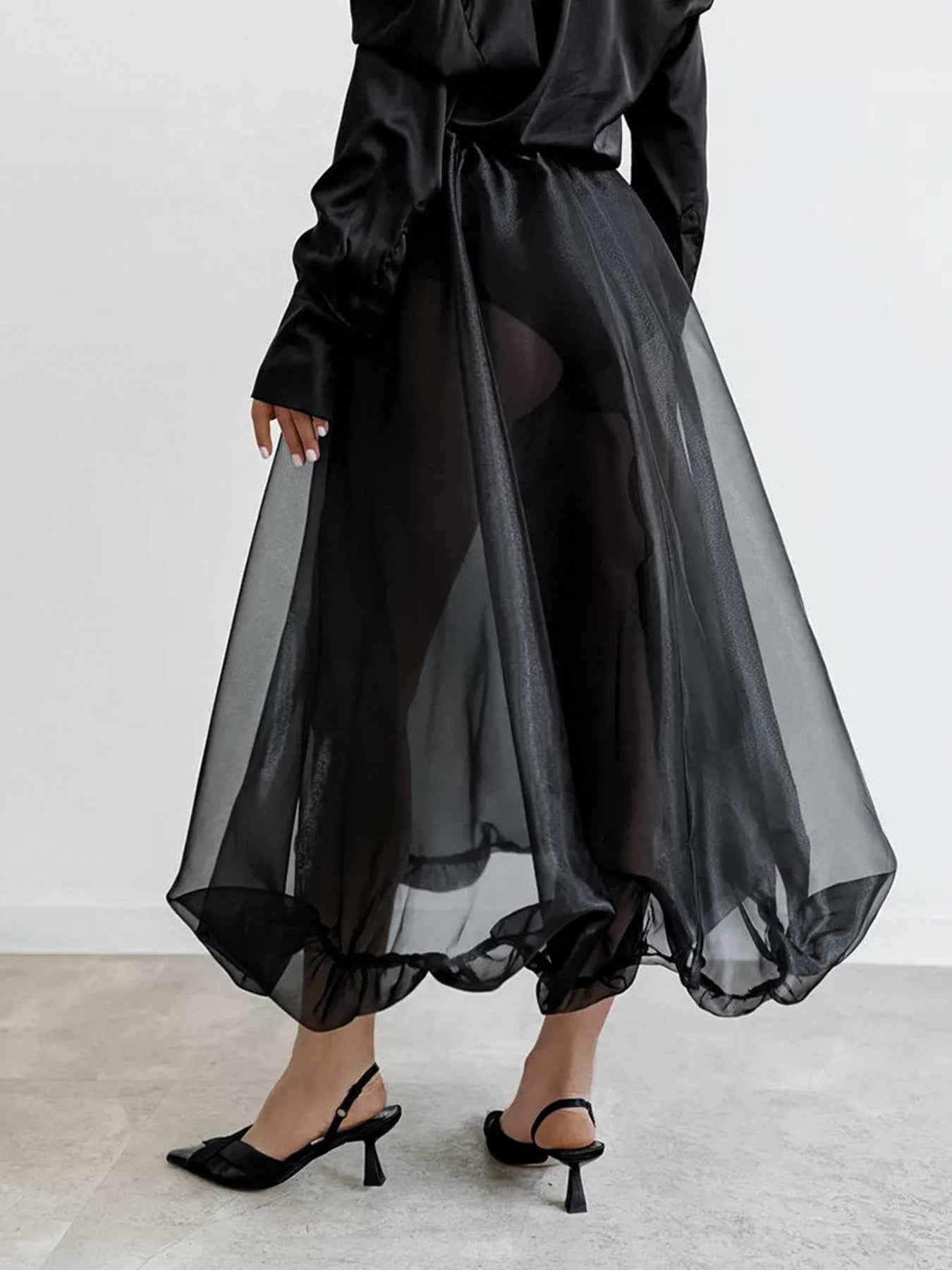 Sheer Flowy Elastic Waist Midi Skirt