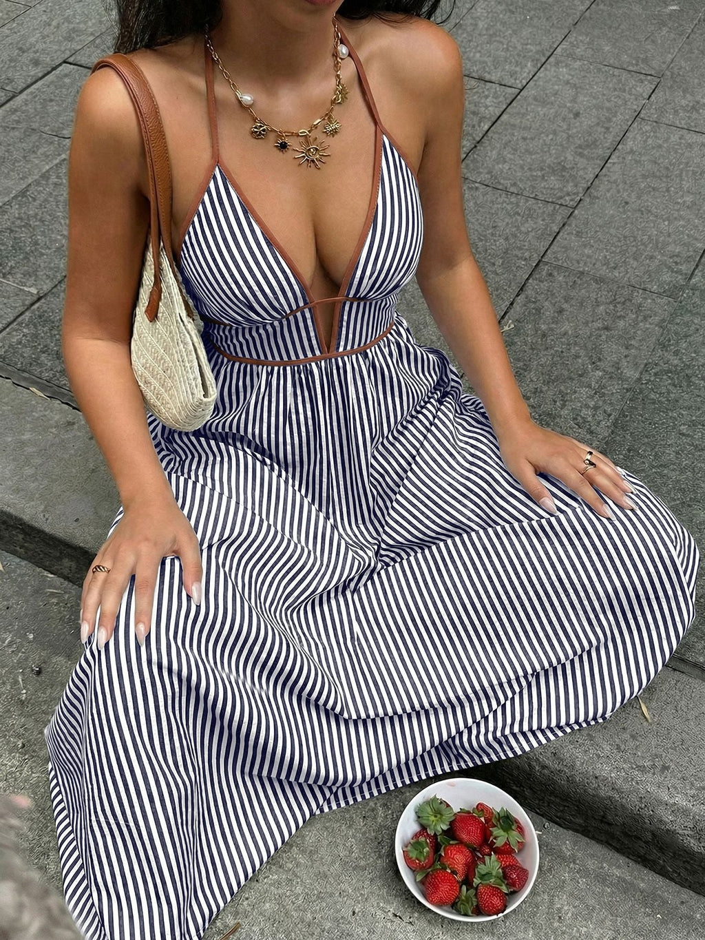 Striped Halter Neck Maxi Dress by Shopiebay