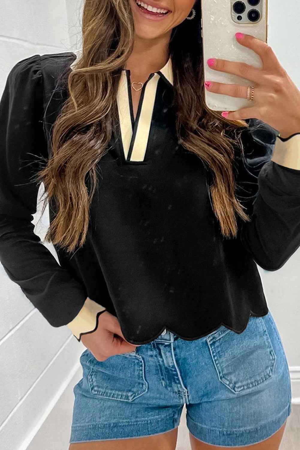 Black Scallop Trim Colorblock Long Sleeve Collared Top