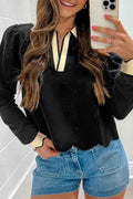 Black Scallop Trim Colorblock Long Sleeve Collared Top