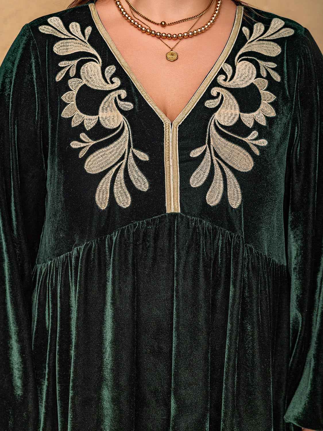Plus Size Embroidered V-Neck Long Sleeve Dress