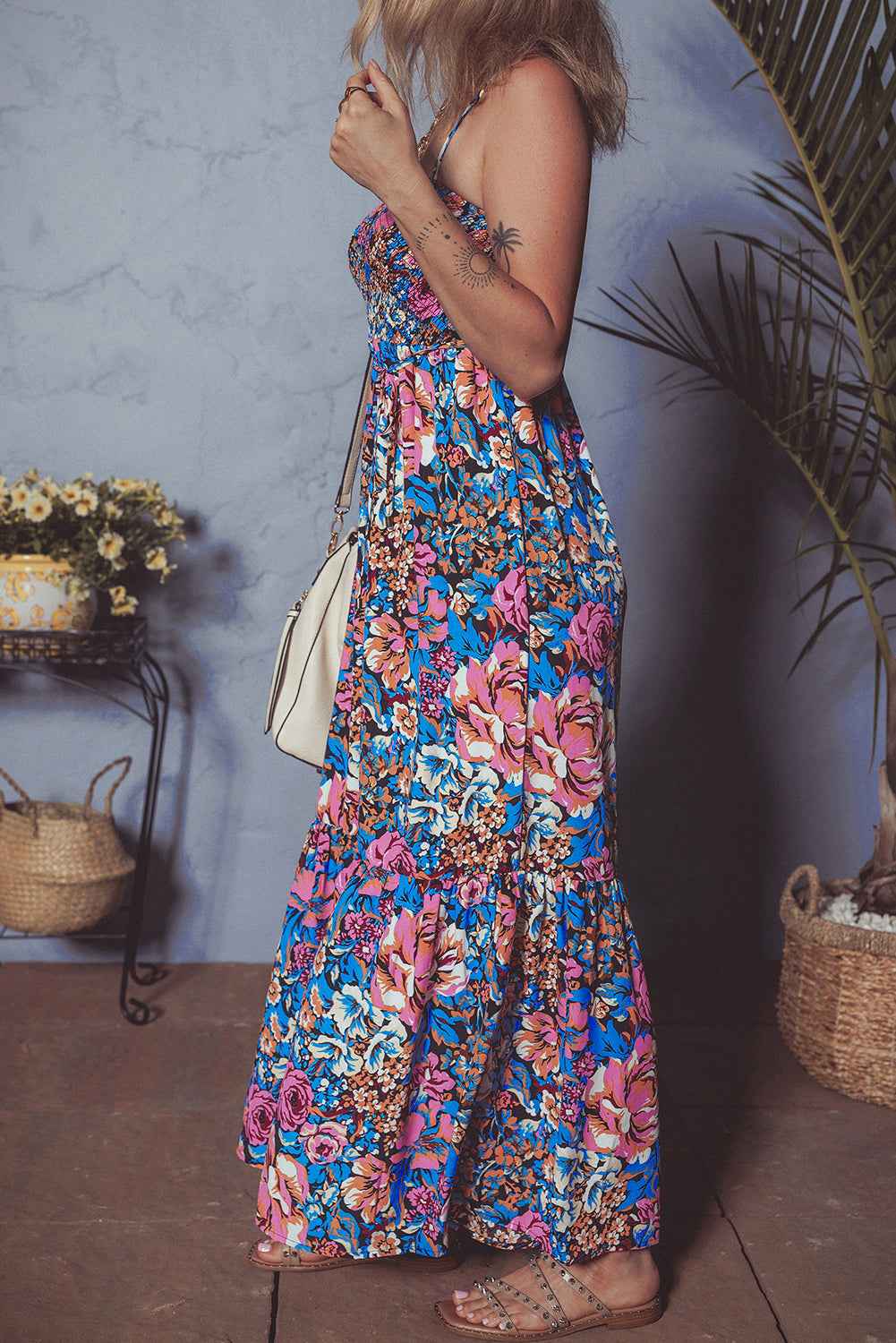 Pink Floral Smocked Bust Spaghetti Strap Wide Leg Jumpsuit