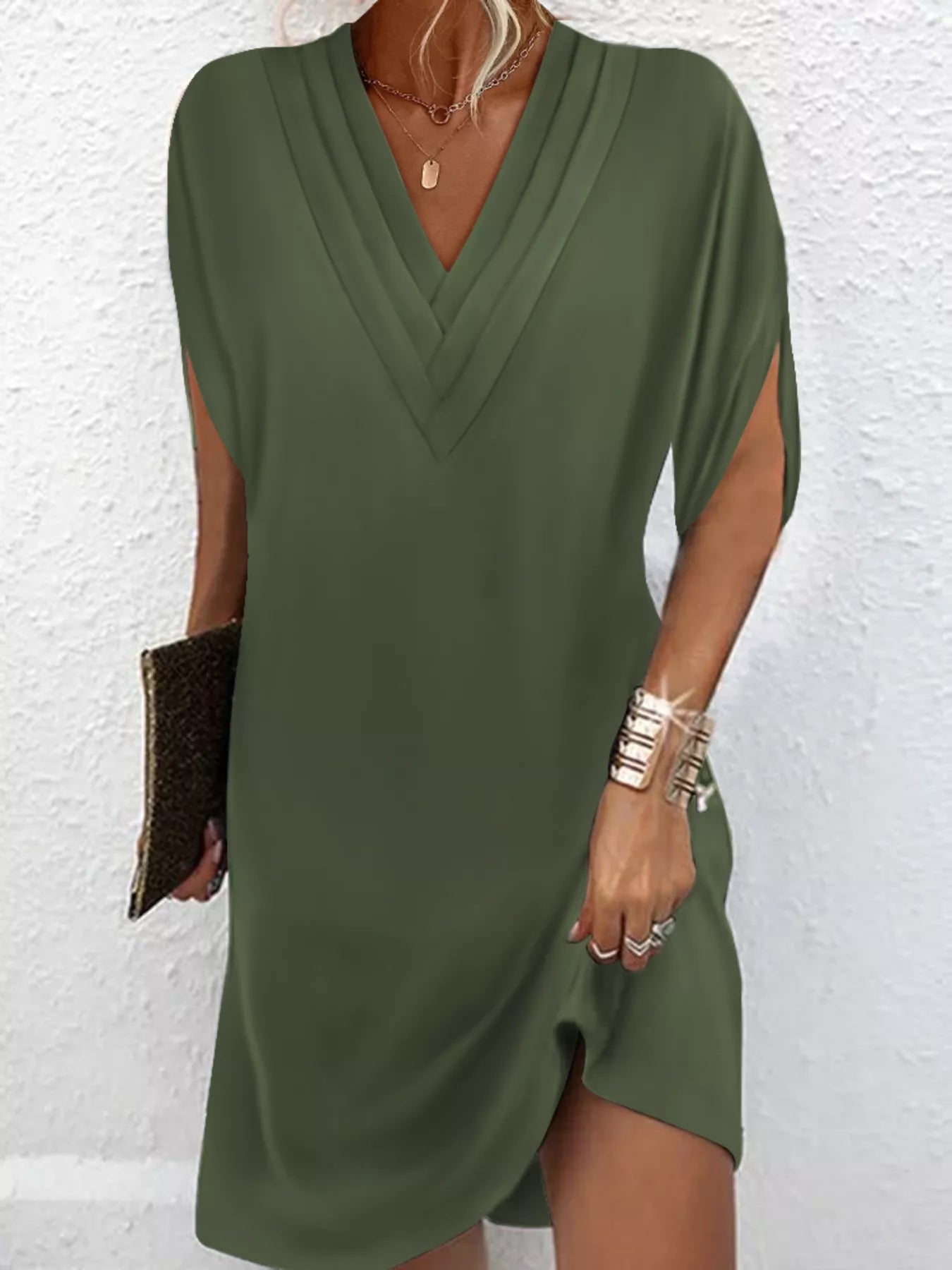 V-Neck Slit Sleeve Mini Dress by Shopiebay