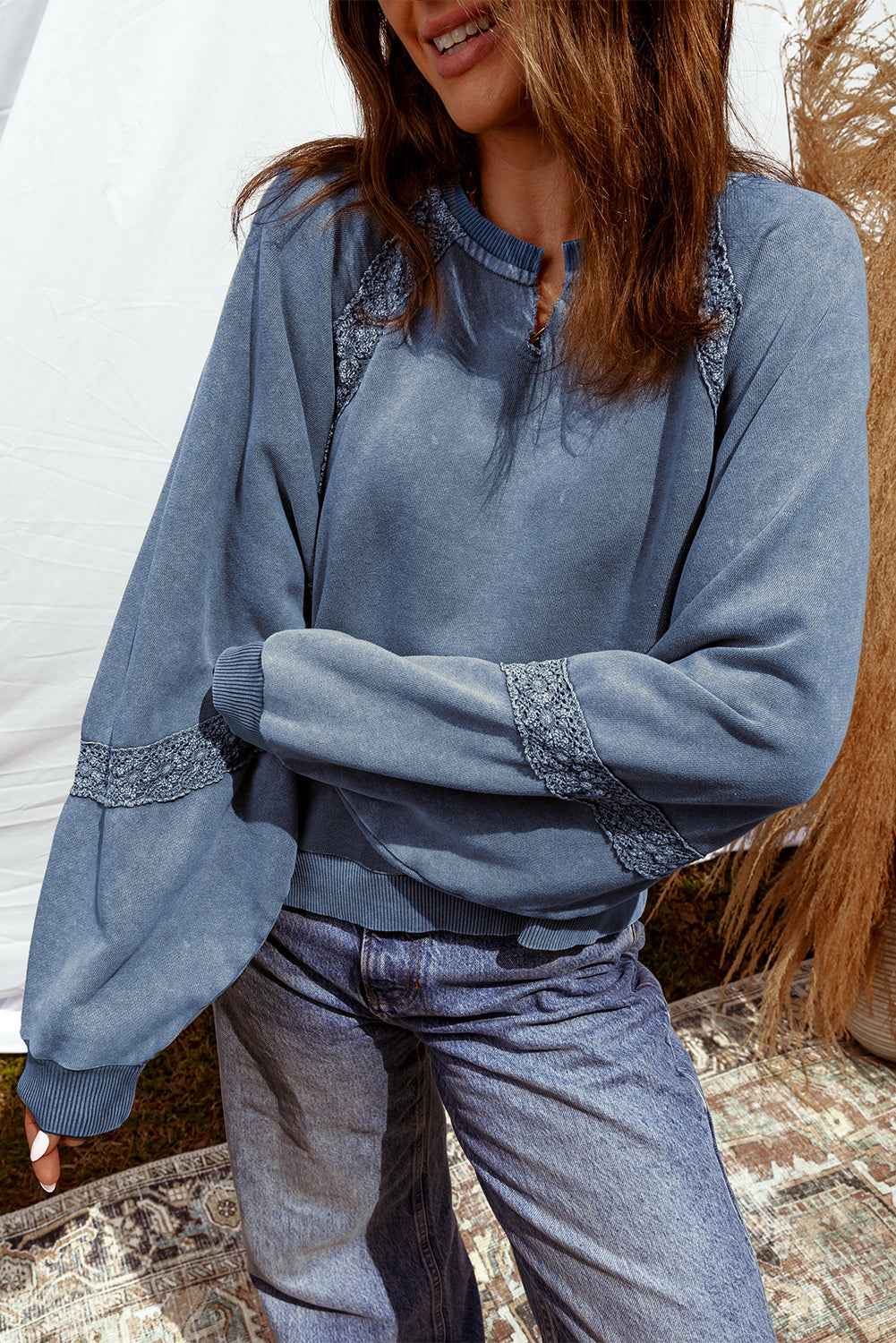 Red Dahlia Lace Patchwork Detail Notched Neck Mineral Wash Baggy Sweatshirt