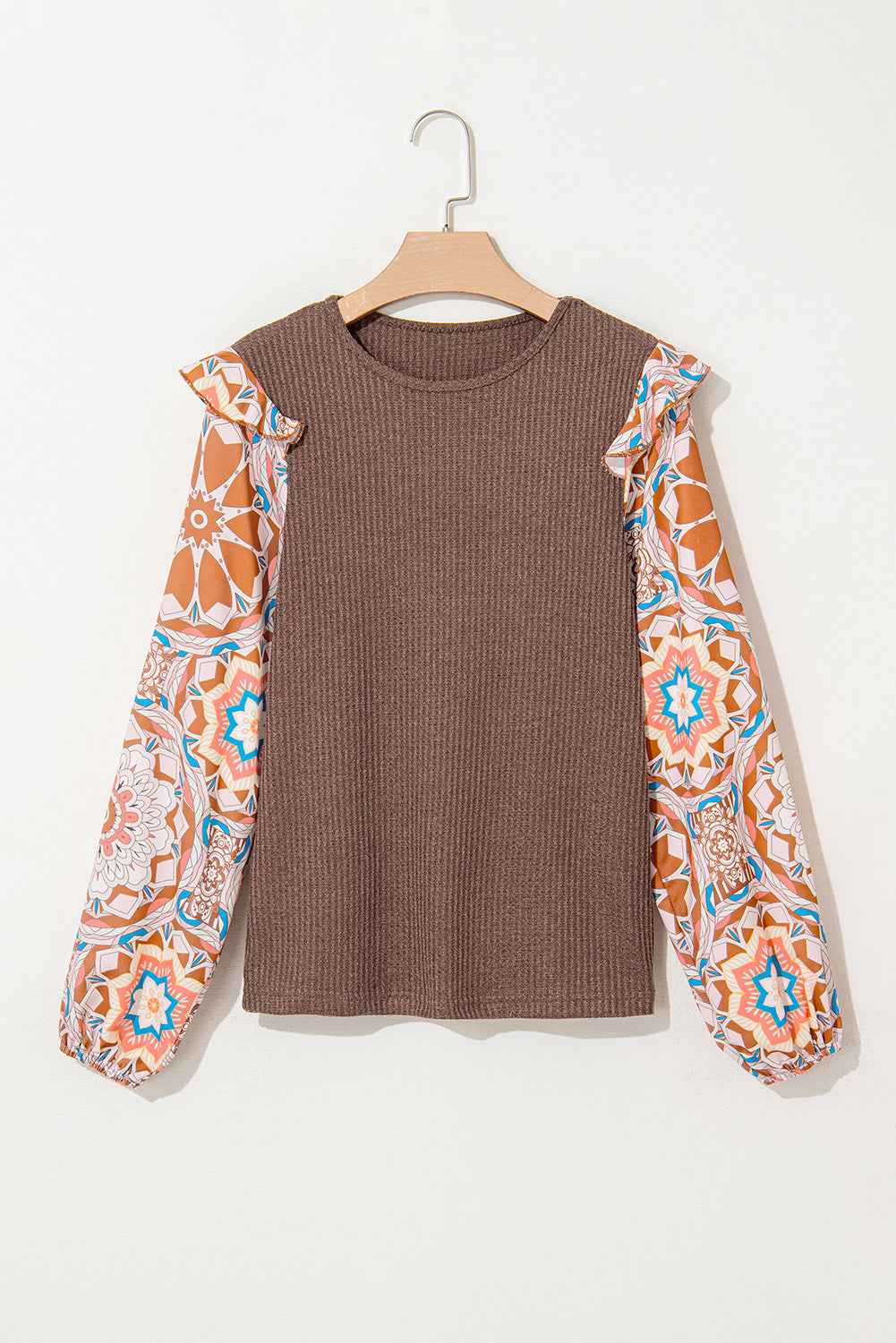 Coffee Ruffle Floral Sleeve Patchwork Waffle Top