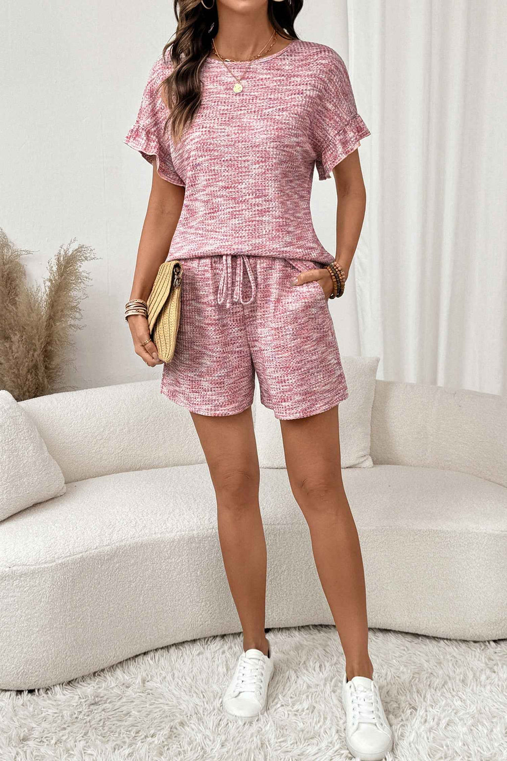 Light Pink Heather Textured Ruffle Sleeve Top and Drawstring Shorts Set