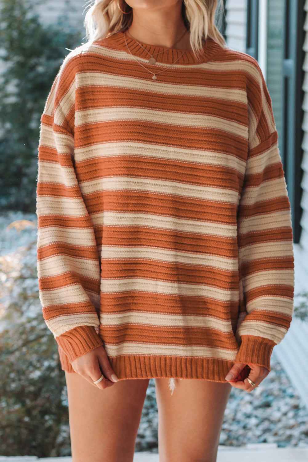 Orange Stripe Ribbed Trim Drop Shoulder Sweater