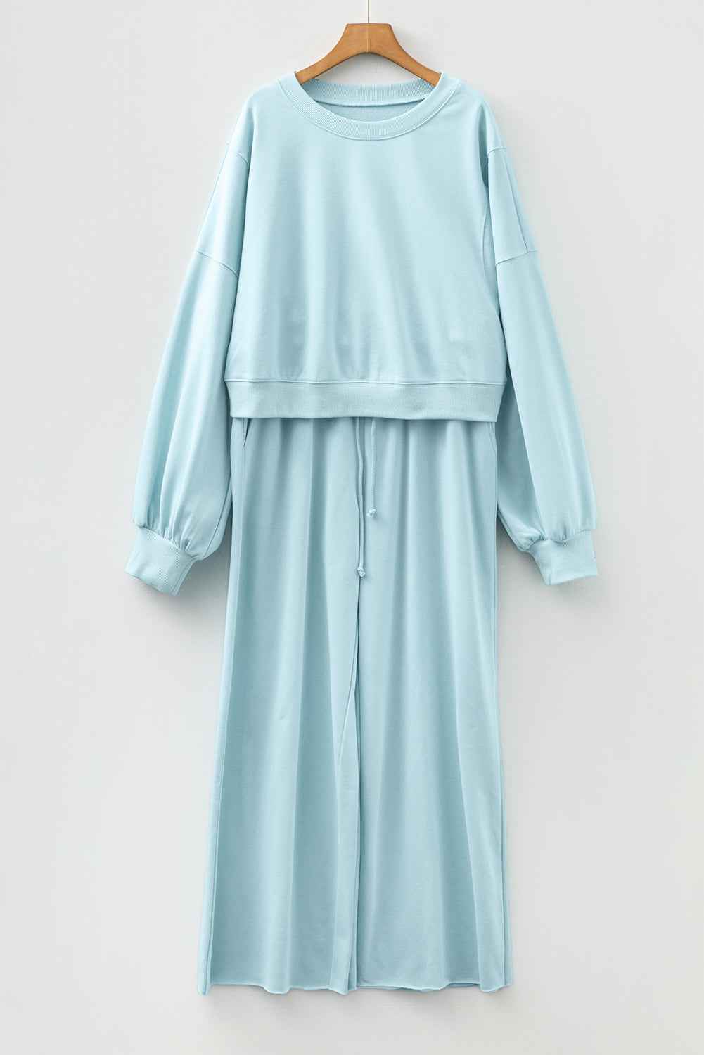 Mist Blue Drop Shoulder Puff Sleeve Crop Pullover Drawstring Wide Leg Pants Set