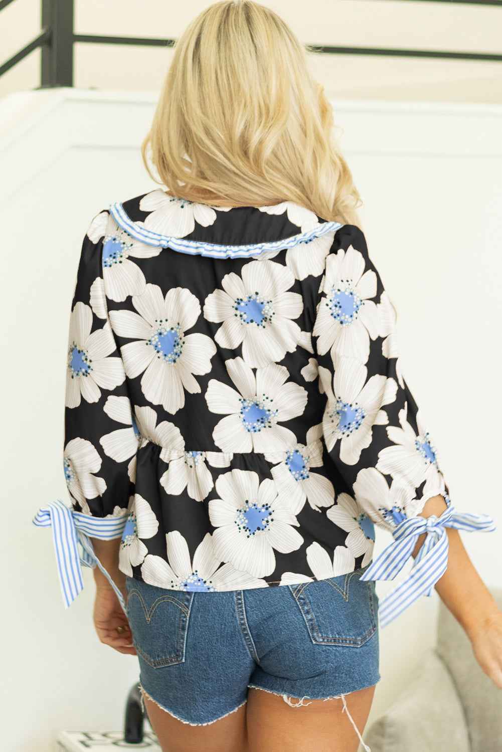 Black Floral Print Striped Tie Sleeve Collared V Neck Blouse