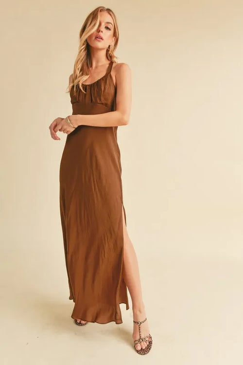 Aemi + Co Ruched Side Slit Cutout Back Maxi Cami Dress by Selvanelle